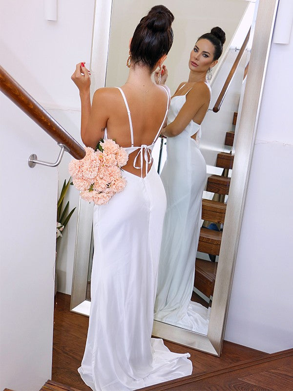 Sheath/Column Spaghetti Straps NS  Woven Satin Sleeveless Ruched Sweep/Brush Train Wedding Dresses