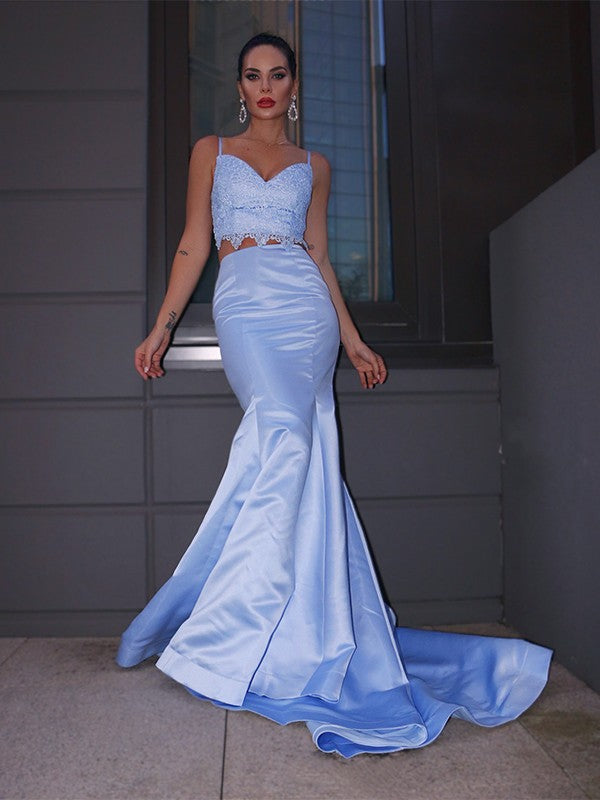 Trumpet/Mermaid Satin Lace V-neck Sleeveless Sweep/Brush Train Two Piece Dresses