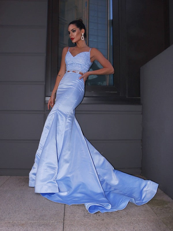 Trumpet/Mermaid Satin Lace V-neck Sleeveless Sweep/Brush Train Two Piece Dresses