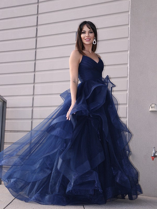 A-Line/Princess Tulle Layers V-neck Sleeveless Floor-Length Dresses