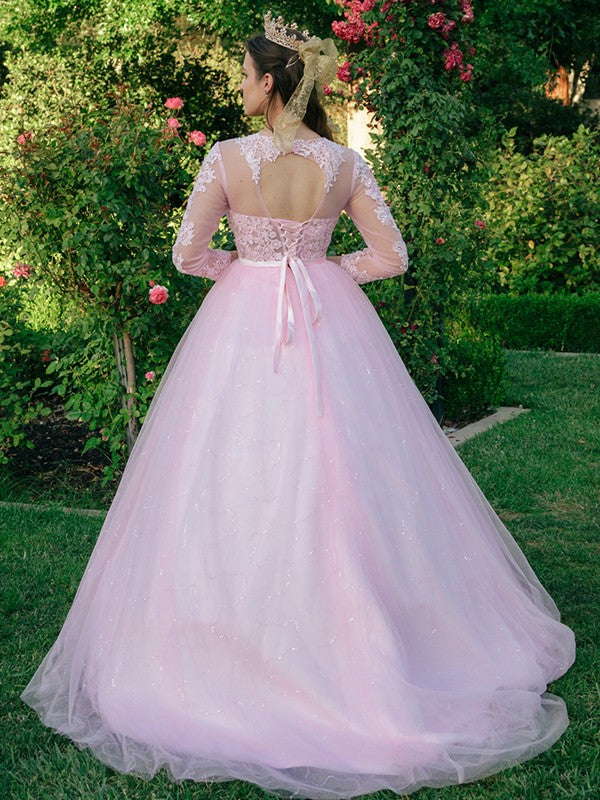 Ball Gown Tulle Scoop Lace Long Sleeves Sweep/Brush Train Dresses