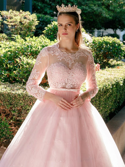 Ball Gown Tulle Scoop Lace Long Sleeves Sweep/Brush Train Dresses