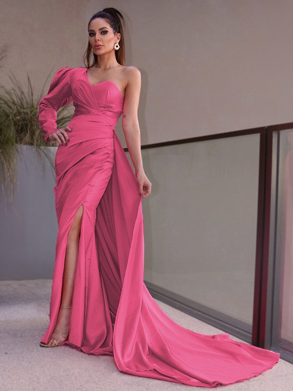 Sheath/Column One-Shoulder Long Sleeves Ruched Charmeuse Sweep/Brush Train Dresses