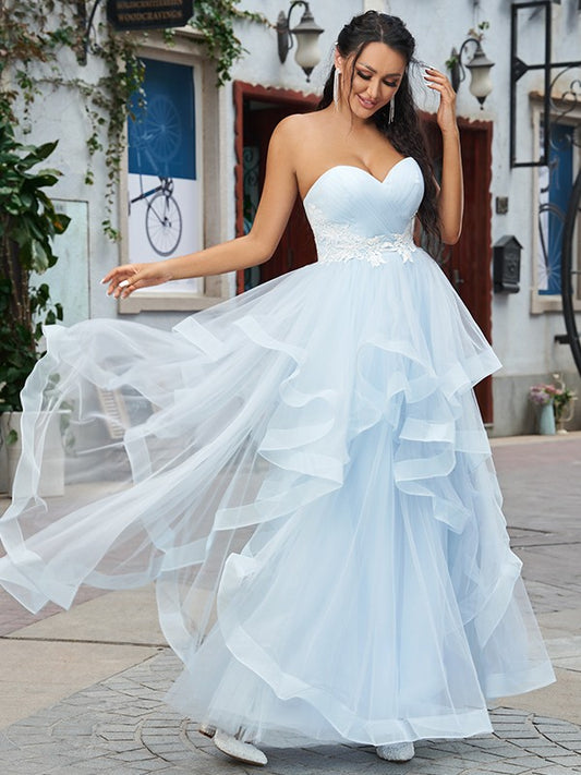 A-Line/Princess Tulle Applique Sweetheart Sleeveless Floor-Length Dresses