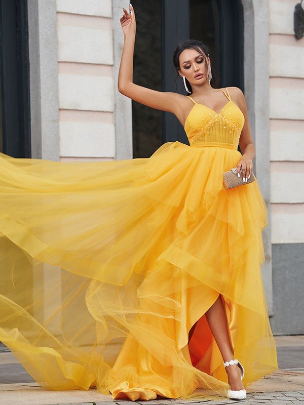 A-Line/Princess Tulle Ruffles V-neck Sleeveless Asymmetrical Dresses