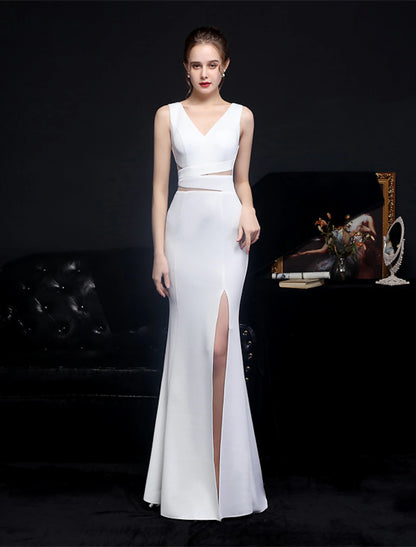 Mermaid / Trumpet Prom Dresses Elegant Dress Formal Wedding Guest Floor Length Sleeveless V Neck Polyester with Slit