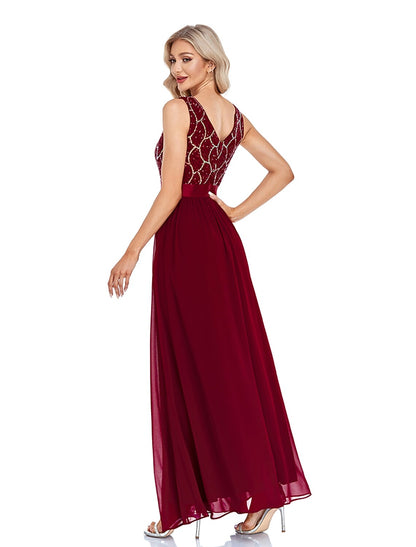 A-Line Evening Gown Sparkle & Shine Dress Wedding Guest Prom Floor Length Sleeveless V Neck Bridesmaid Dress Chiffon V Back with Sequin Splicing