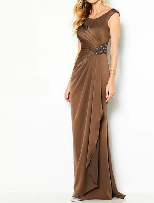 Mermaid / Trumpet Elegant Formal Evening Dress Scoop Neck Sleeveless Floor Length Satin with Ruched Crystals