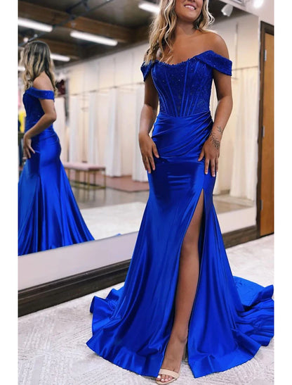 Mermaid / Trumpet Evening Gown Empire Dress Formal Wedding Guest Court Train Sleeveless Off Shoulder Imitation Silk with Slit Appliques