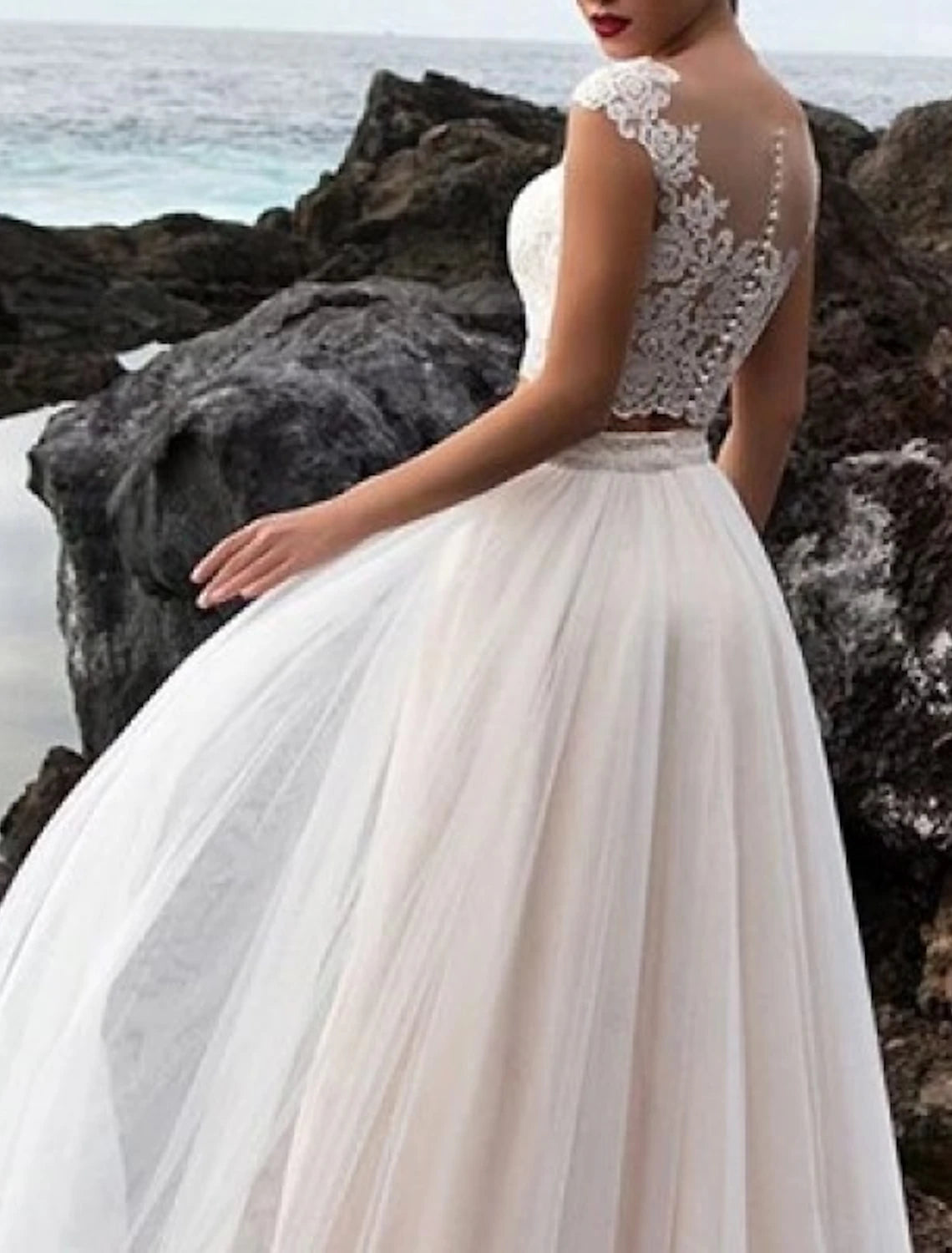 Hall Casual Wedding Dresses Separates Illusion Neck Cap Sleeve Separates Lace Bridal Tops Bridal Gowns With Appliques