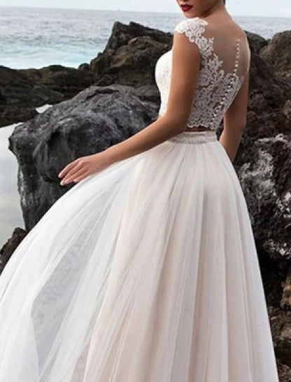 Hall Casual Wedding Dresses Separates Illusion Neck Cap Sleeve Separates Lace Bridal Tops Bridal Gowns With Appliques