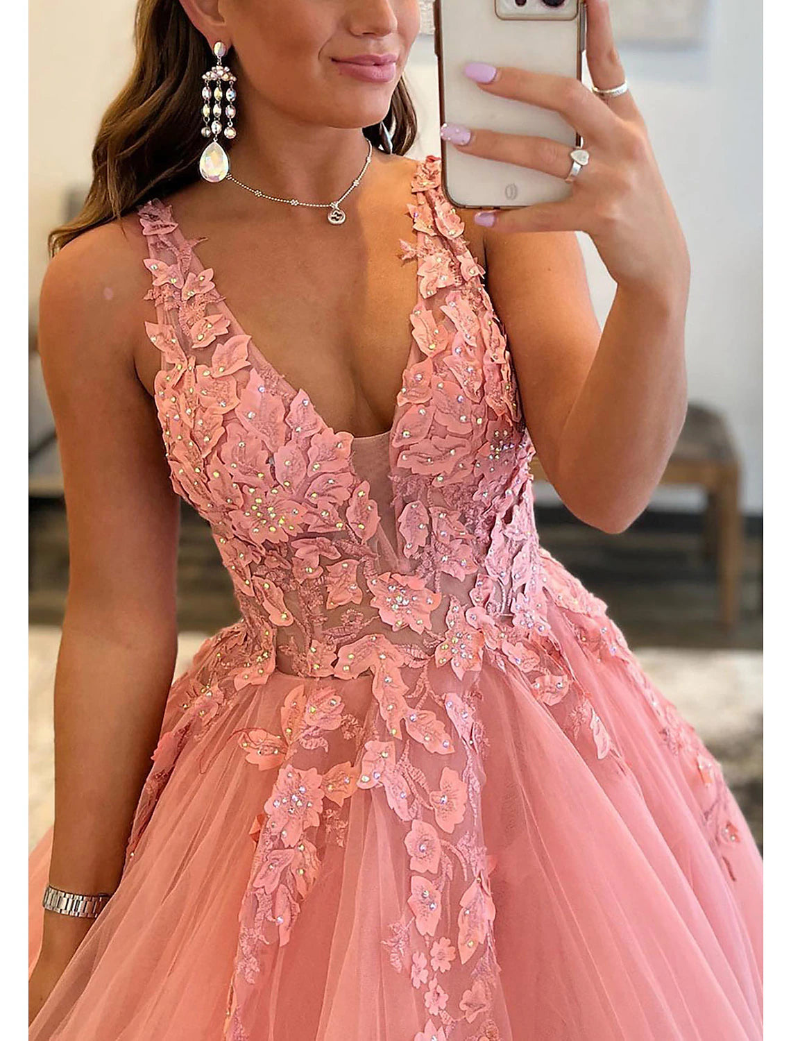 A-Line Prom Dresses Open Back Dress Formal Wedding Guest Floor Length Sleeveless V Neck Tulle Backless with Pleats Beading Appliques