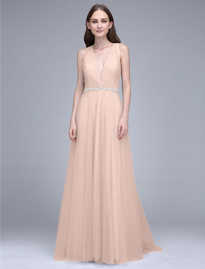 Sheath / Column Bridesmaid Dress V Neck Sleeveless Beautiful Back Sweep / Brush Train Tulle with Crystals