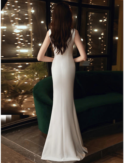 Mermaid / Trumpet Minimalist Elegant Wedding Guest Formal Evening Dress V Neck Sleeveless Floor Length Stretch Fabric with Ruffles Slit