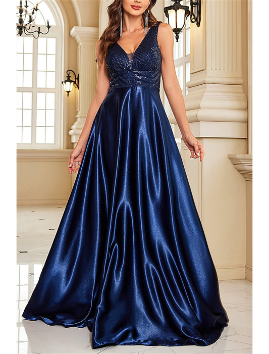 A-Line Mother of the Bride Dress Wedding Guest Party Sparkle & Shine Elegant V Neck Floor Length Satin Sequined Sleeveless with Sequin Color Block