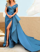 A-Line Evening Gown Celebrity Style Dress Formal Wedding Party Court Train Short Sleeve Off Shoulder Satin with Slit Pure Color