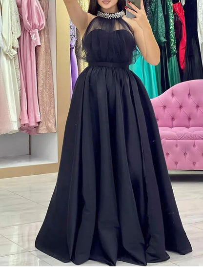 A-Line Evening Gown Black Dress Dress Formal Masquerade Sweep / Brush Train Sleeveless Halter Neck Convertible Satin with Rhinestone