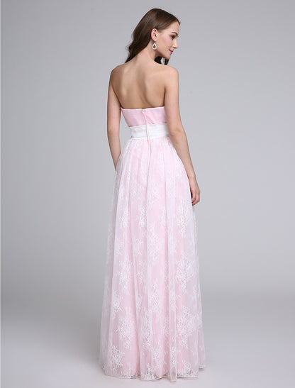 Sheath / Column Bridesmaid Dress Strapless Sleeveless Elegant Floor Length Lace / Tulle with Lace / Sash / Ribbon / Criss Cross