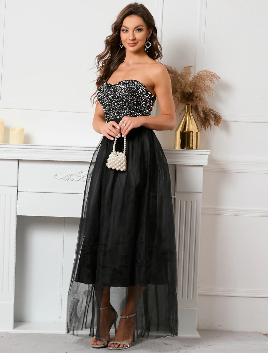 A-Line Party Dresses Vintage Dress Holiday Summer Floor Length Sleeveless Strapless Sequined with Sequin