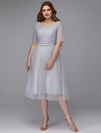 A-Line Elegant Dress Wedding Guest Cocktail Party Tea Length Short Sleeve V Neck Lace Lace-up with Sash / Ribbon