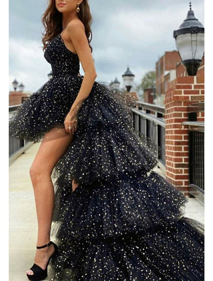 A-Line Prom Dresses Black Dress Dress Birthday Asymmetrical Sleeveless Spaghetti Strap Tulle with Ruched Sequin