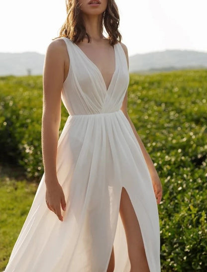 Reception Sexy Casual Wedding Dresses A-Line V Neck Sleeveless Court Train Chiffon Bridal Gowns With Split Front Solid Color