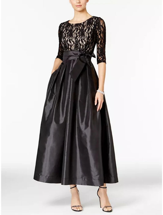 A-Line Mother of the Bride Dress Wedding Guest Elegant Scoop Neck Ankle Length Satin Lace Half Sleeve with Bow(s)