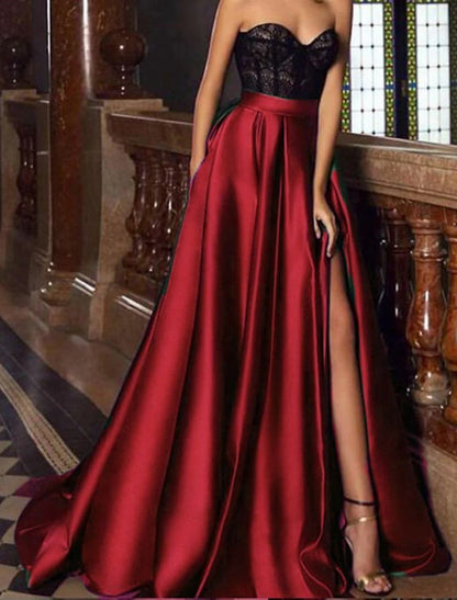 A-Line Evening Gown Vintage Dress Christmas Red Green Dress Engagement Court Train Sleeveless Sweetheart Pocket Satin with Slit Embroidery Pocket