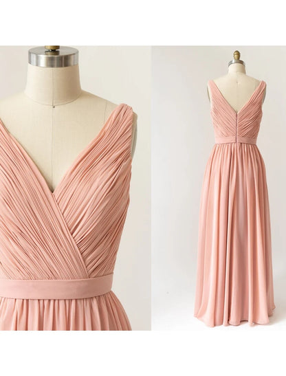 A-Line Bridesmaid Dress V Neck Sleeveless Open Back Floor Length Chiffon with Pleats