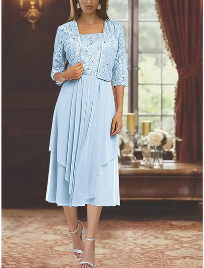 Two Piece A-Line Mother of the Bride Dress Formal Wedding Guest Elegant Square Neck Tea Length Chiffon Lace 3/4 Length Sleeve Wrap Included with Pleats