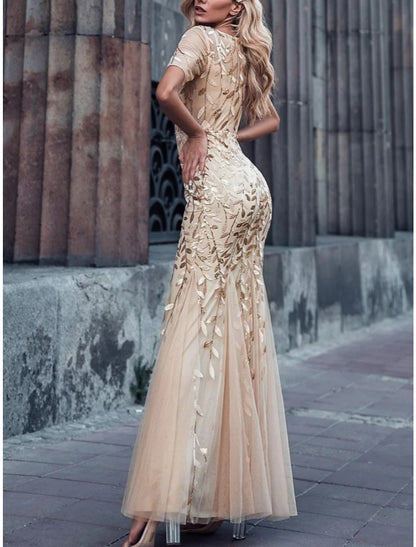 Mermaid / Trumpet Mother of the Bride Dress Wedding Guest Sparkle & Shine Elegant Jewel Neck Floor Length Sequined Short Sleeve with Pleats Sequin