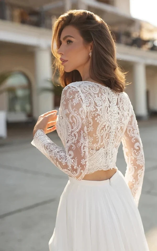 Wedding Dress Two Piece V-neck with Sweep Train Lace Long Sleeves