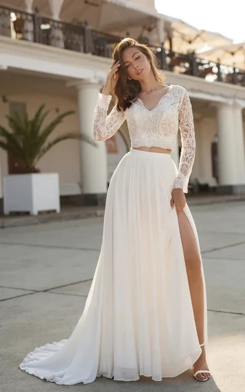 Wedding Dress Two Piece V-neck with Sweep Train Lace Long Sleeves