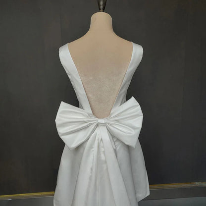 Wedding Dress A-Line Satin V-Neck Short with Large Bow