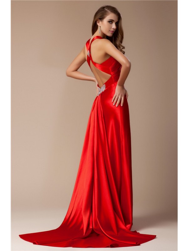 Sheath/Column V-neck Sleeveless Long  Woven Satin Dresses