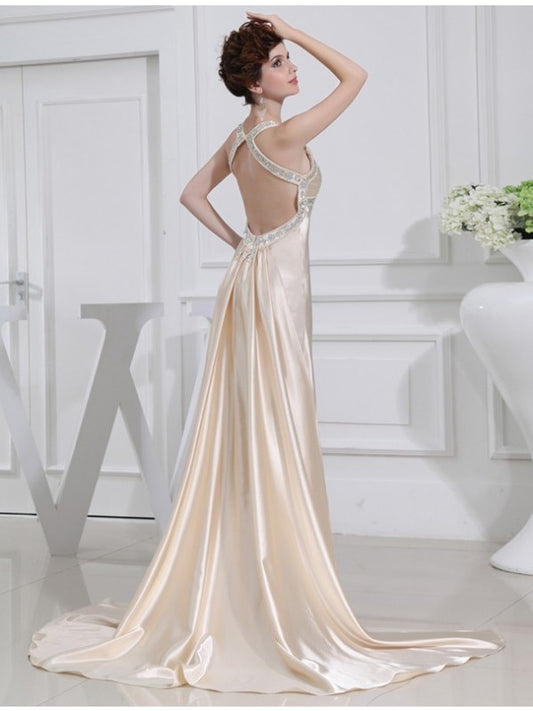 A-Line/Princess Beading Sleeveless  Woven Satin Dresses