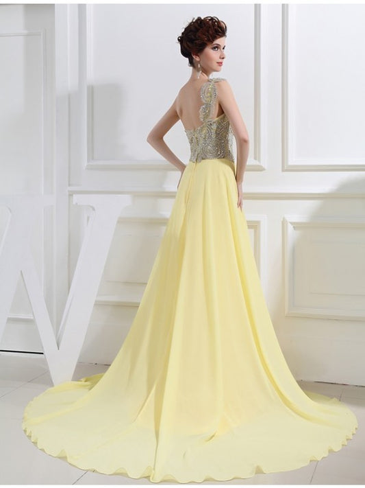 A-Line/Princess One-shoulder Beading Appliques Chiffon Dresses