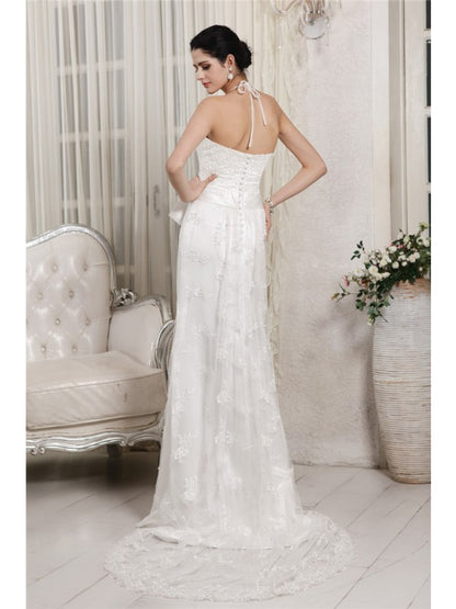 Sheath/Column V-neck Sleeveless Lace Applique Long Net Wedding Dresses