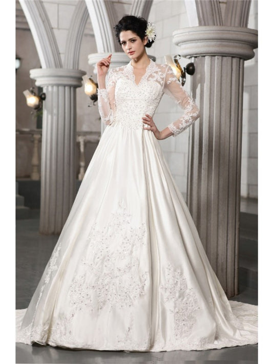 A-Line/Princess Long Sleeves Beading Applique Long Satin Wedding Dresses