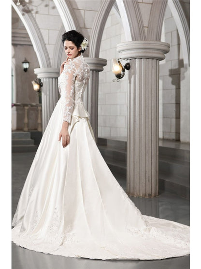 A-Line/Princess Long Sleeves Beading Applique Long Satin Wedding Dresses