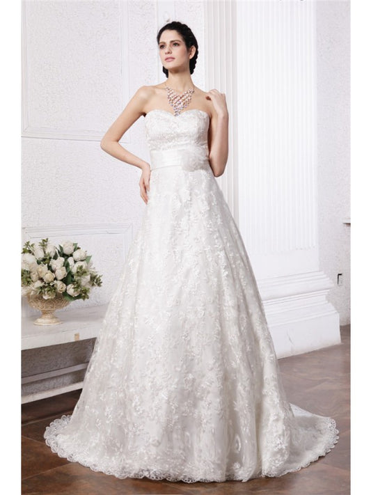 A-Line/Princess Sweetheart Sleeveless Sash Long Lace Wedding Dresses