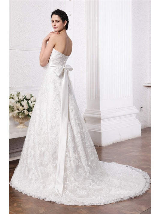 A-Line/Princess Sweetheart Sleeveless Sash Long Lace Wedding Dresses