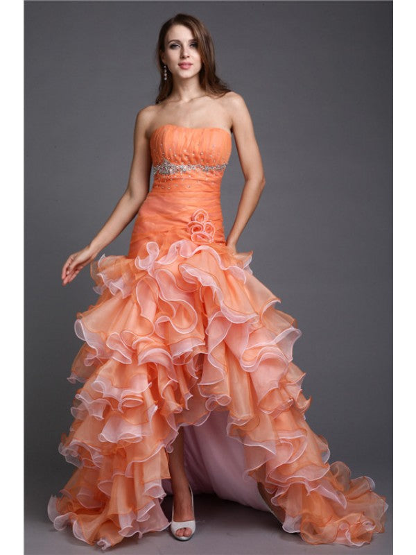 Ball Gown Strapless Beading Sleeveless High Low Organza Cocktail Dresses