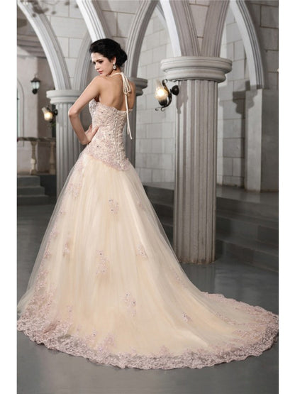 A-Line/Princess High Neck Sleeveless Beading Applique Long Net Wedding Dresses