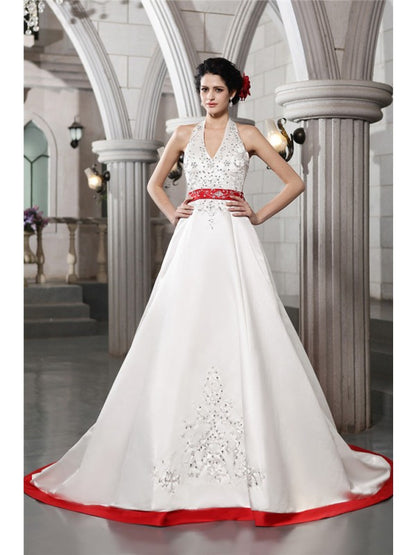 A-Line/Princess V-neck Sleeveless Beading Embroidery Long Satin Wedding Dresses