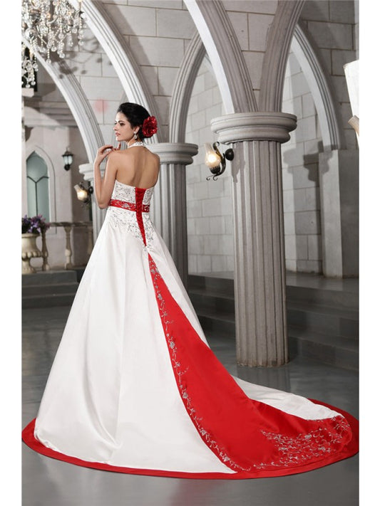 A-Line/Princess V-neck Sleeveless Beading Embroidery Long Satin Wedding Dresses