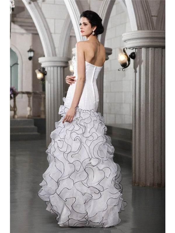 Sheath/Column Strapless Sleeveless Beading Long Organza Wedding Dresses