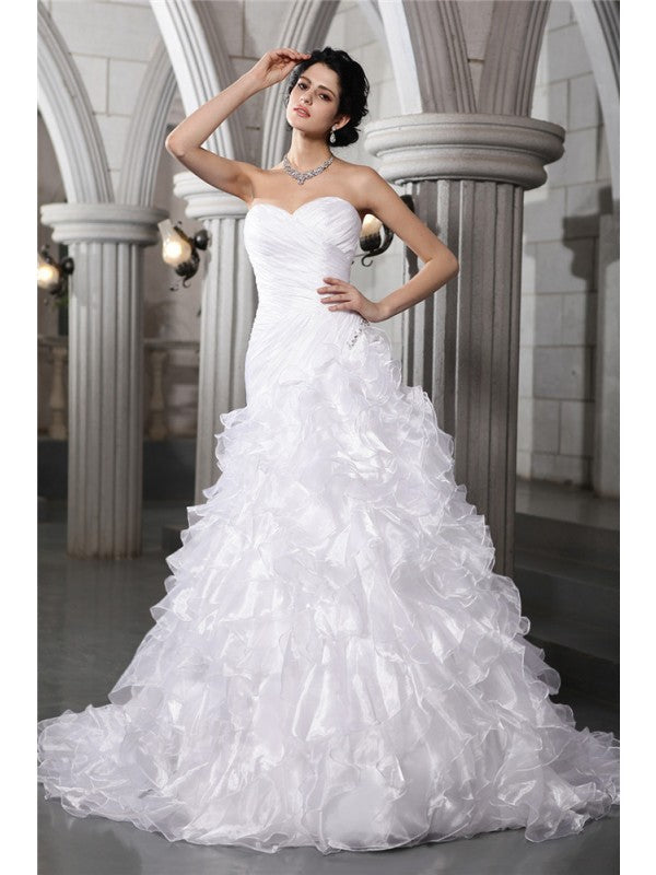 A-Line/Princess Sweetheart Sleeveless Pleats Beading Long Organza Wedding Dresses