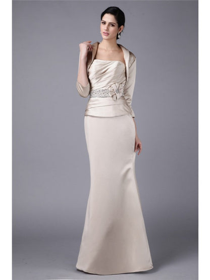 Sheath/Column Strapless Beading Hand-Made Flower  Woven Satin Mother of the Bride Dresses