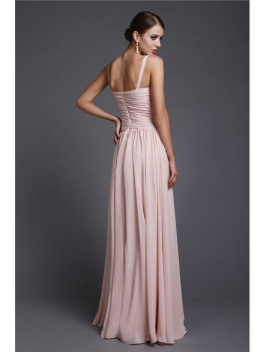 A-Line/Princess V-neck Sleeveless Long Ruffles Chiffon Bridesmaid Dresses